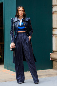 brittany xavier, michael kors jacket, michael kors jacket, michael kors look, navy blue leather jacket, navy blue pants, navy blue pullover, long jacket, striped pants, striped pullover, blue pullover, cropped pullover, high waist pants, carrot pants, polo collar pullover, golden button, multi button jacket, shoulder bag, silvered chain strap bag, black leather bag, white bag, loose pants, fashion week, frenchystyle, FW, jonathan paciullo, street style, NYFW, NEW YORK, AUTUMN WINTER 2020-2021, FALL WINTER 2020-2021, FW 20-21, vertical, full length