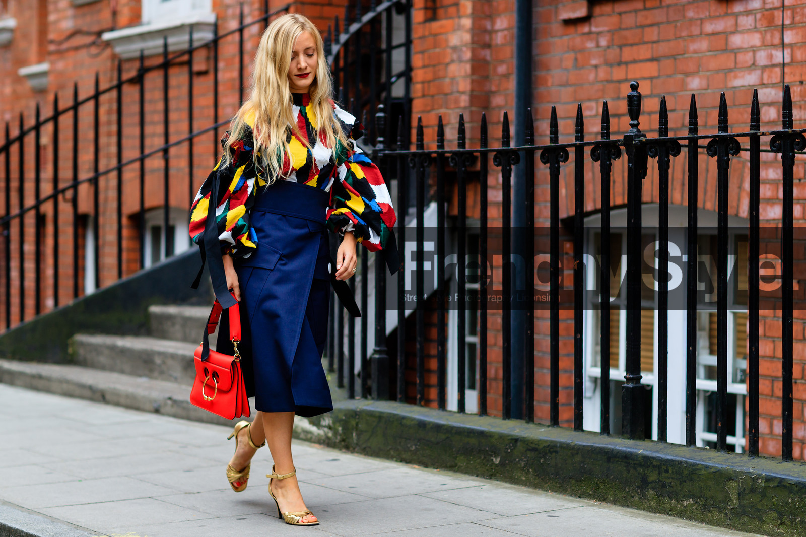 atmosphere details, fashion week, frenchystyle, full length, FW, geometric, golden sandals, golden shoes, graphic shirt, high heels, high waist, horizontal, jonathan paciullo, jw anderson, kate foley, leather bag, leather shoes, LFW, LONDON, multicolor shirt, navy skirt, printed shirt, red bag, SPRING SUMMER 2017, SS 17, street style, woman