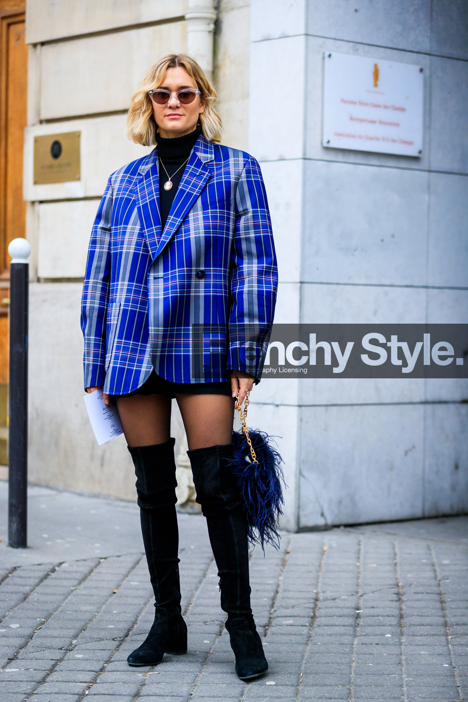 black shoes, black turtleneck, blazer, blue bag, blue jacket, checked, feathers, fur bag, graphic jacket, high boots, leather shoes, necklace, plaid, printed jacket, sunglasses, street style, jonathan paciullo, FW, frenchystyle, fashion week, PFW, PARIS, AUTUMN WINTER 2018-2019, FALL WINTER 2018-2019, FW 18-19, vertical, full length, adenorah