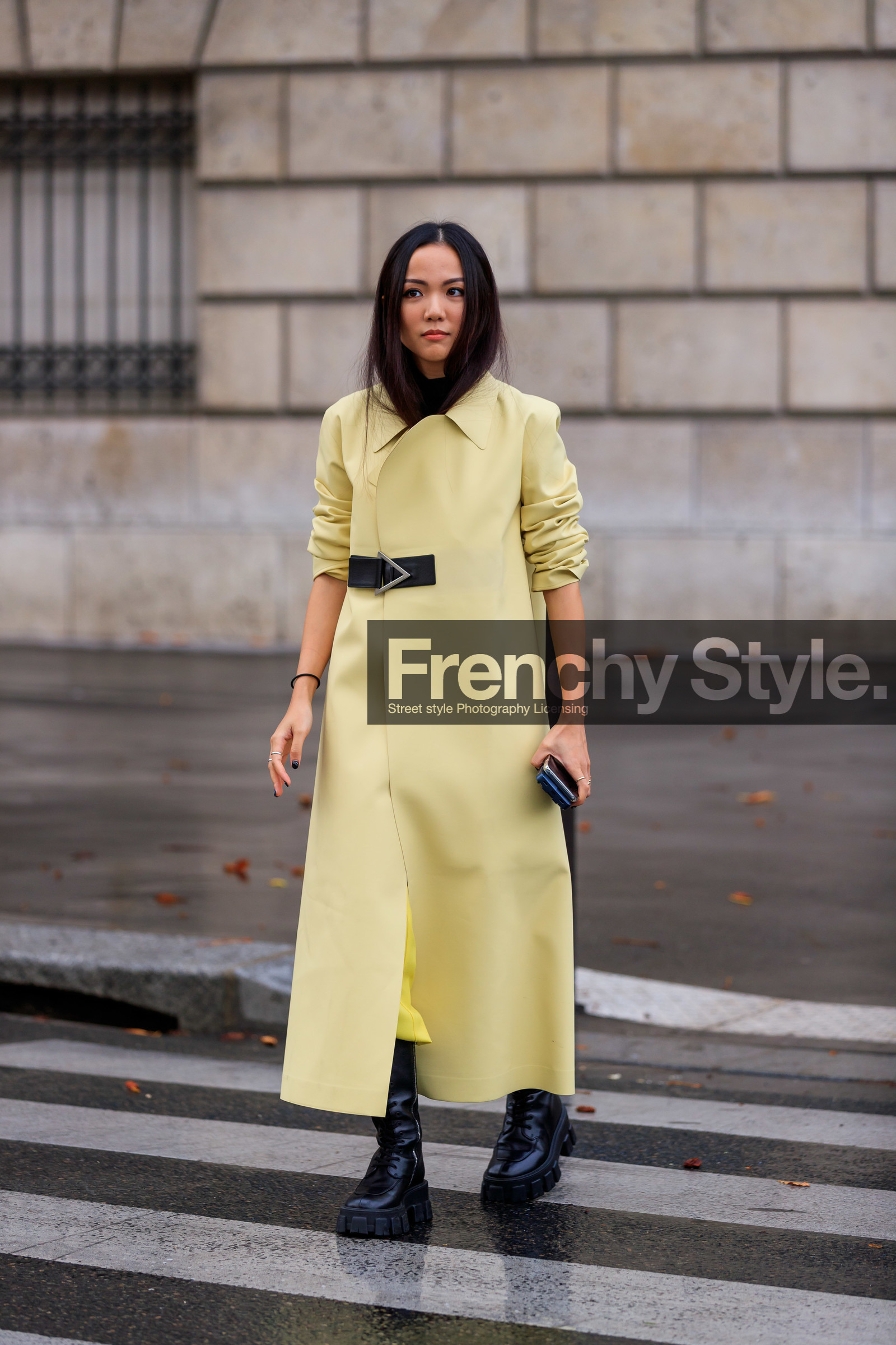 yoyo cao, light yellow leather coat, bottega veneta coat, turtleneck top, black leather boots, flat boots, laced boots, high boots, prada boots, big sole boots, PARIS, PFW, SPRING SUMMER 2020, SS 20, fashion week, frenchystyle, FW, jonathan paciullo, street style, vertical, full length