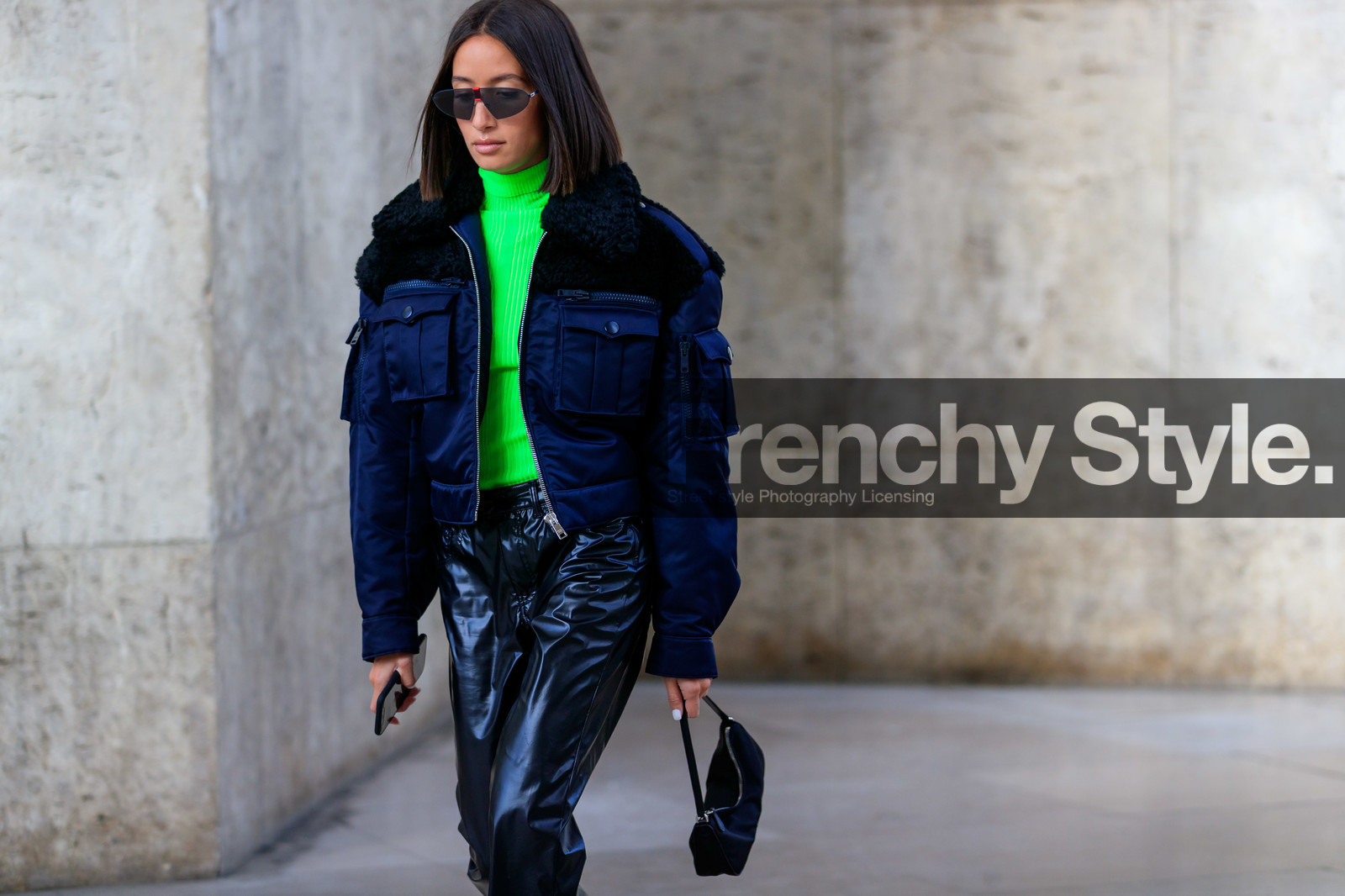 alexandra guerain, futurist shape sunglasses, neon green top, turtleneck top, tight top, black vinyl pants, prada bag, black bag, hand bag, black sunglasses, navy blue coat, bombers jacket, fur collar coat, fur coat, black coat, prada coat, fashion week, frenchystyle, FW, jonathan paciullo, street style, SPRING SUMMER 2020, SS 20, PFW, PARIS, horizontal, detail