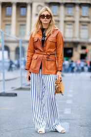camel bag, camel jacket, camille charriere, fashion week, frenchystyle, full length, FW, jonathan paciullo, leather bag, leather jacket, leather shoes, PARIS, PFW, printed pants, SPRING SUMMER 2017, SS 17, street style, striped pants, sunglasses, trousers, vertical, white pants, white shoes