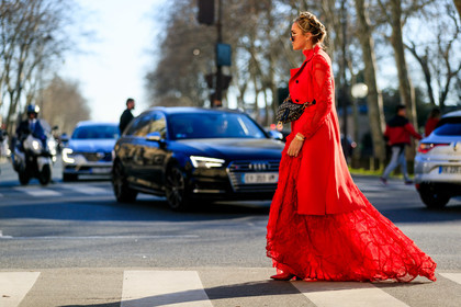black bag, braids, graphic bag, leather bag, monogram, nina suess, printed bag, red coat, red dress, saddle bag, sunglasses, PARIS, PFW, street style, jonathan paciullo, FW, frenchystyle, fashion week, AUTUMN WINTER 2019-2020, AW 19-20, FALL WINTER 2019-2020, FW 19-20, horizontal, atmosphere details, full length