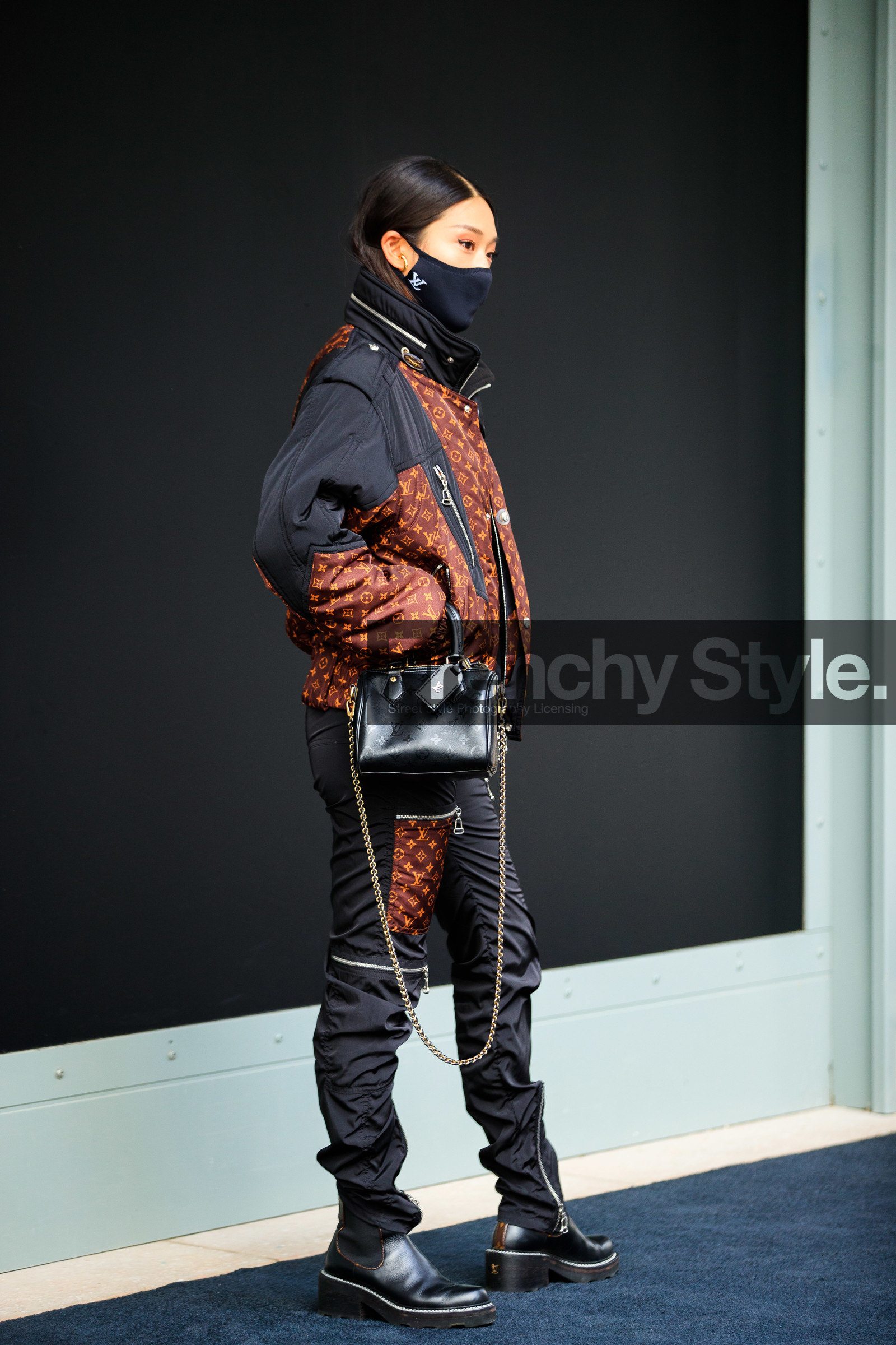 peggy gould, black coat, black pants, black leather bag, black leather boots, brown coat, down jacket, zipped coat, monogrammed coat, monogrammed pants, monogrammed bag, chelsea boots, flat boots, hand bag, bowling bag, PARIS, PFW, fashion week, frenchystyle, FW, jonathan paciullo, street style, SPRING SUMMER 2021, SS 21, vertical, full length