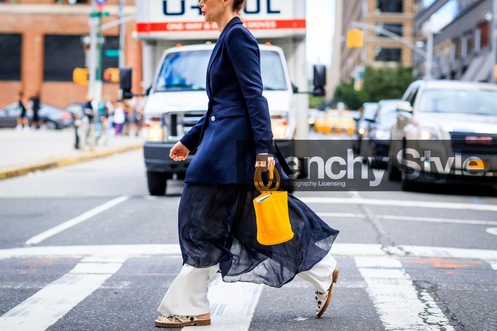 atmosphere details, black jacket, blue dress, detail, fashion week, frenchystyle, FW, horizontal, jonathan paciullo, leather bag, navy jacket, NEW YORK, NYFW, orange bag, silk dress, SPRING SUMMER 2018, SS 18, street style, trousers, white pant, white pants