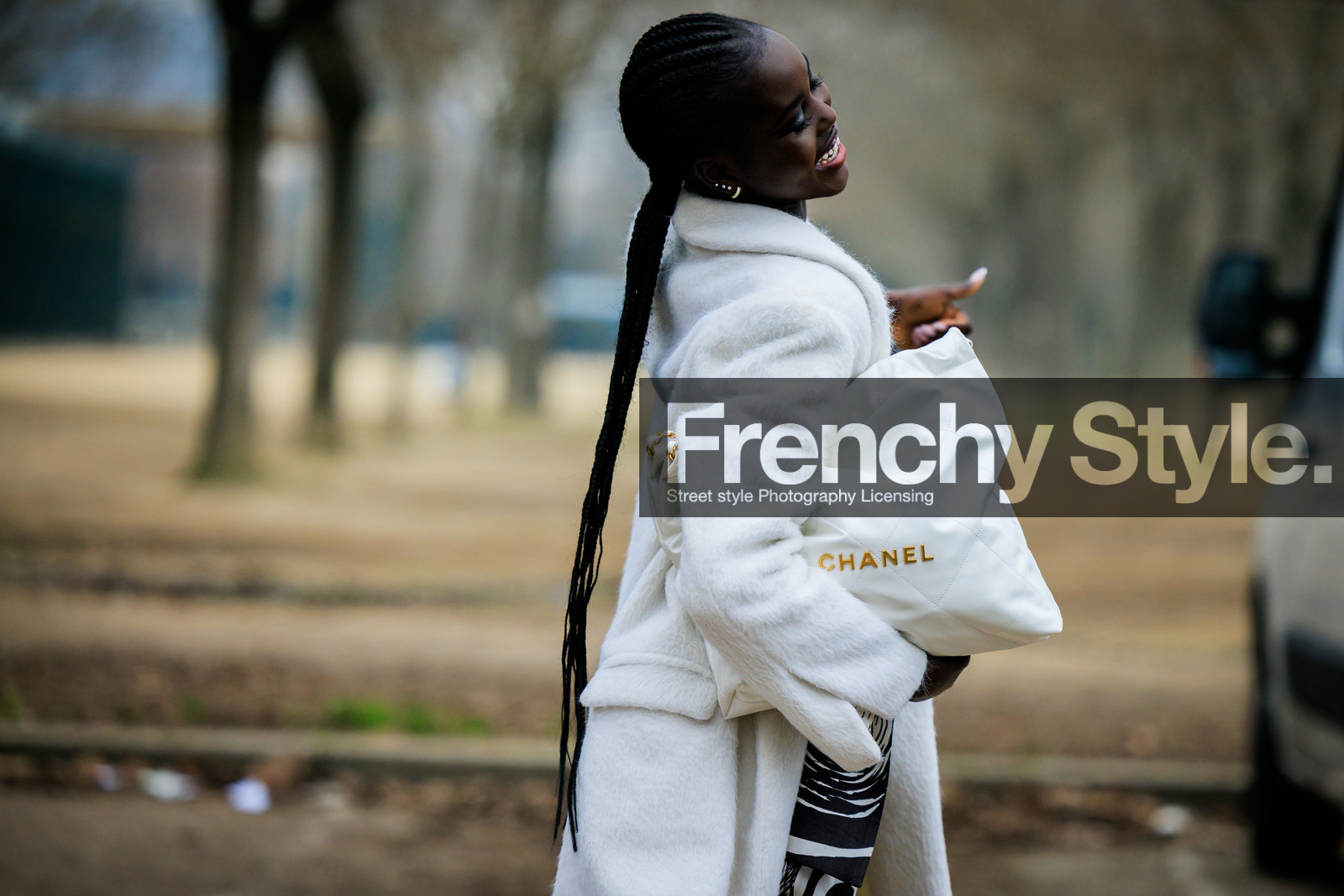 model, white coat, printed blazer, braids, black top, black and white blazer, printed pants, black and white pants, chanel, fashion week, frenchystyle, FW, jonathan paciullo, street style, PARIS, PFW, SPRING SUMMER 2022, SS 22, atmosphere details, detail, horizontal