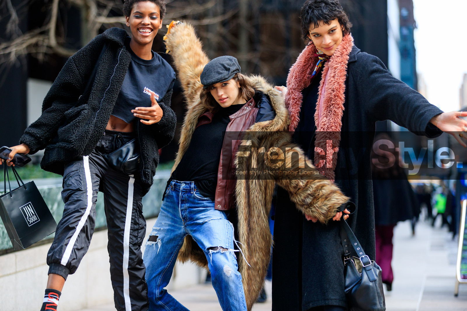 black bag, black coat, black jacket, black pants, black sneakers, black sweater, blue denim, bordeaux, brown coat, brown fur, burgundy, crop top, denim pants, Fur coat, graphic pants, grey hat, jeans, leather backpack, leather bag, leather jacket, pink scarf, printed pants, red jacket, shearling, sweatpants, tone on tone, trousers, street style, jonathan paciullo, FW, frenchystyle, fashion week, NYFW, NEW YORK, AUTUMN WINTER 2018-2019, AW 18-19, FALL WINTER 2018-2019, FW 18-19, atmosphere details, horizontal, detail, model