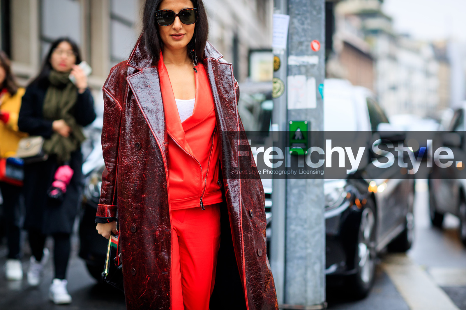 bordeaux, burgundy, leather coat, leather jacket, leather perfecto, red coat, red jacket, red pants, sunglasses, trousers, fashion week, frenchystyle, FW, jonathan paciullo, street style, MFW, MILAN, AUTUMN WINTER 2018-2019, FALL WINTER 2018-2019, FW 18-19, horizontal, atmosphere details, nausheen shah