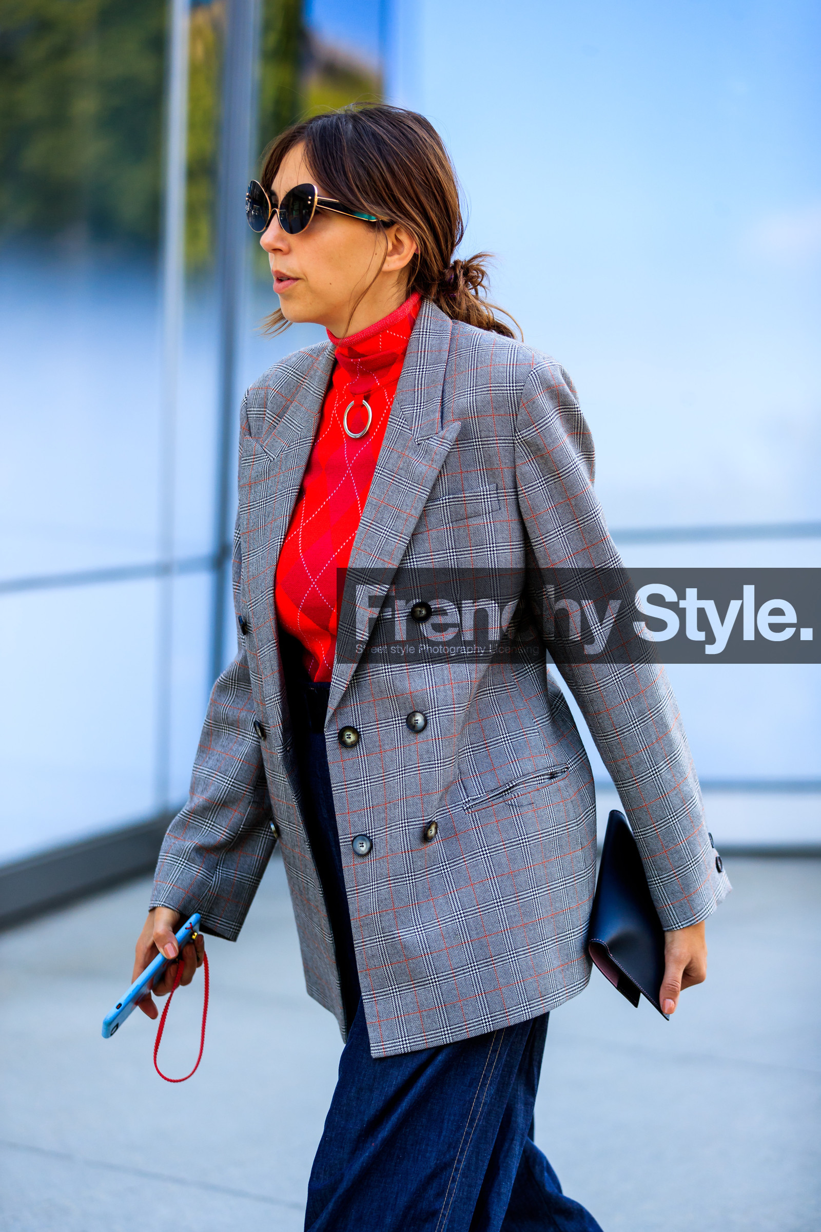 atmosphere details, blazer, blue denim, checked jacket, denim pants, detail, fashion week, frenchystyle, FW, graphic jacket, grey jacket, jeans, jonathan paciullo, NEW YORK, NYFW, plaid, printed jacket, red sweater, SPRING SUMMER 2018, SS 18, street style, sunglasses, trousers, vertical