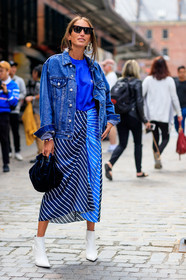 balenciaga, black bag, blue bag, blue denim, blue skirt, blue t shirt, denim jacket, fashion week, frenchystyle, full length, FW, graphic skirt, high heels, jonathan paciullo, leather bag, leather shoes, NEW YORK, NYFW, printed skirt, SPRING SUMMER 2018, SS 18, street style, striped skirt, sunglasses, velvet, vertical, white boots