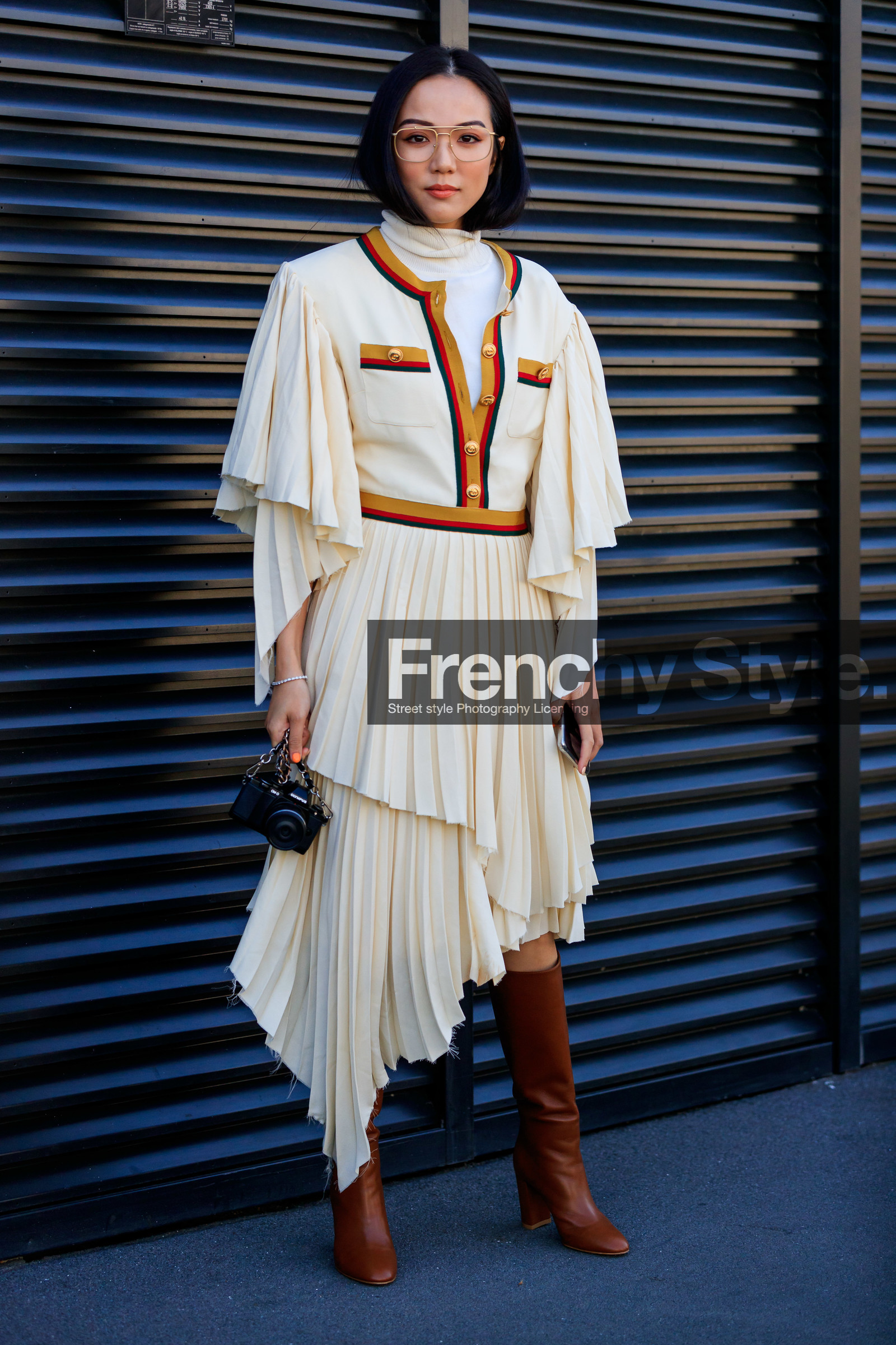 asymetric, black bag, brown boots, camera, gucci, high boots, high heels, leather bag, leather shoes, pleats, white dress, yoyo cao, fashion week, frenchystyle, FW, jonathan paciullo, street style, MFW, MILAN, AUTUMN WINTER 2019-2020, AW 19-20, FALL WINTER 2019-2020, FW 19-20, vertical, full length
