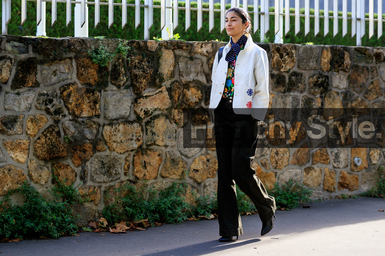caroline issa, white jacket, embroidered jacket, floral printed shirt, multicolor shirt, polka dots scarf, lavalliere collar, kaki pants, flare pants, fashion week, frenchystyle, FW, jonathan paciullo, street style, SPRING SUMMER 2020, SS 20, PFW, PARIS, horizontal, full length