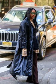 black leather trench coat, green sunglasses, striped shirt, white shirt, beige shirt, brown pants, flare pants, black jacket, fashion week, frenchystyle, FW, jonathan paciullo, street style, NYFW, NEW YORK, AUTUMN WINTER 2020-2021, FALL WINTER 2020-2021, FW 20-21, vertical, full length
