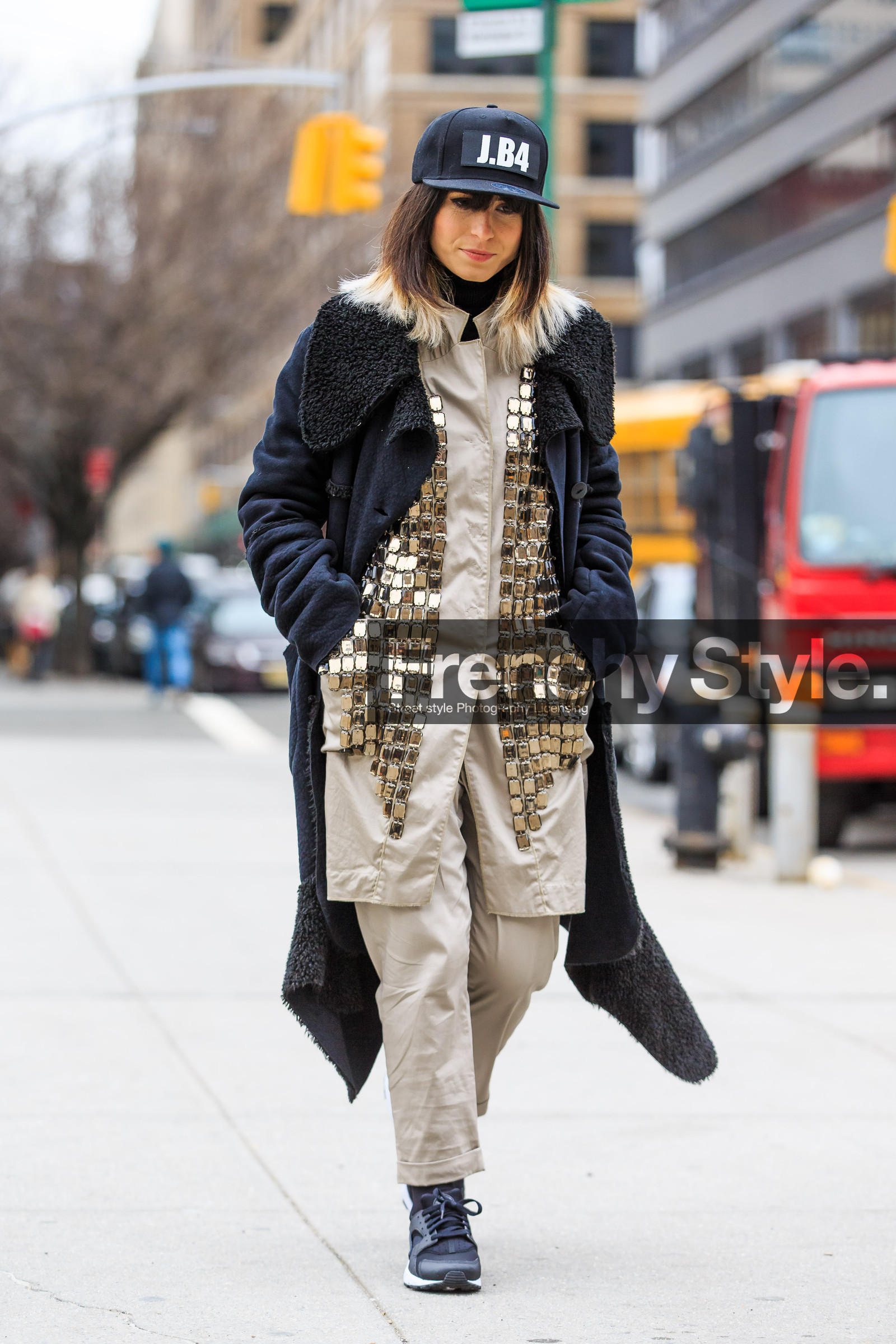 AUTUMN WINTER 2016-2017, AW 16-17, beige coat, beige jacket, beige pants, black and gold, black cap, black coat, black fur, black sneakers, dyed hair, embroidered jacket, fashion week, frenchystyle, full length, fur coat, FW, FW 16-17, glitter, golden details, jonathan paciullo, NEW YORK, NYFW, sequined, shearling, shiny, street style, trousers, vertical, woman