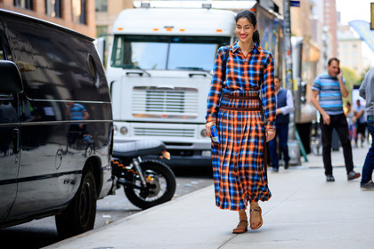 atmosphere details, back detail, black bag, caroline issa, checked shirt, checked skirt, fashion week, frenchystyle, full length, FW, graphic shirt, graphic skirt, horizontal, jonathan paciullo, leather bag, NEW YORK, NYFW, plaid, pleated skirt, printed shirt, printed skirt, SPRING SUMMER 2018, SS 18, street style