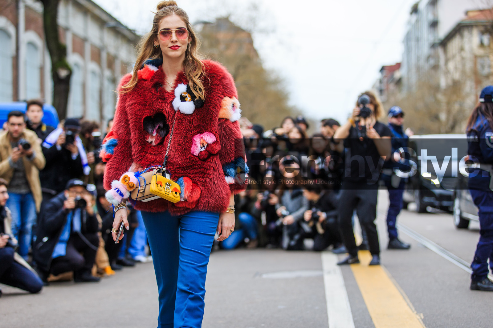 atmosphere details, AUTUMN WINTER 2016-2017, AW 16-17, beige bag, blue fur, blue pants, chiara ferragni, detail, embroidered jacket, FALL WINTER 2016-2017, fashion week, fendi, floral, flower, frenchystyle, fun bag, fur bag, fur jacket, FW, FW 16-17, horizontal, jonathan paciullo, leather bag, LFW, LONDON, MENSWEAR, mini bag, pompons, red fur, red jacket, street style, sunglasses, trousers, yellow bag