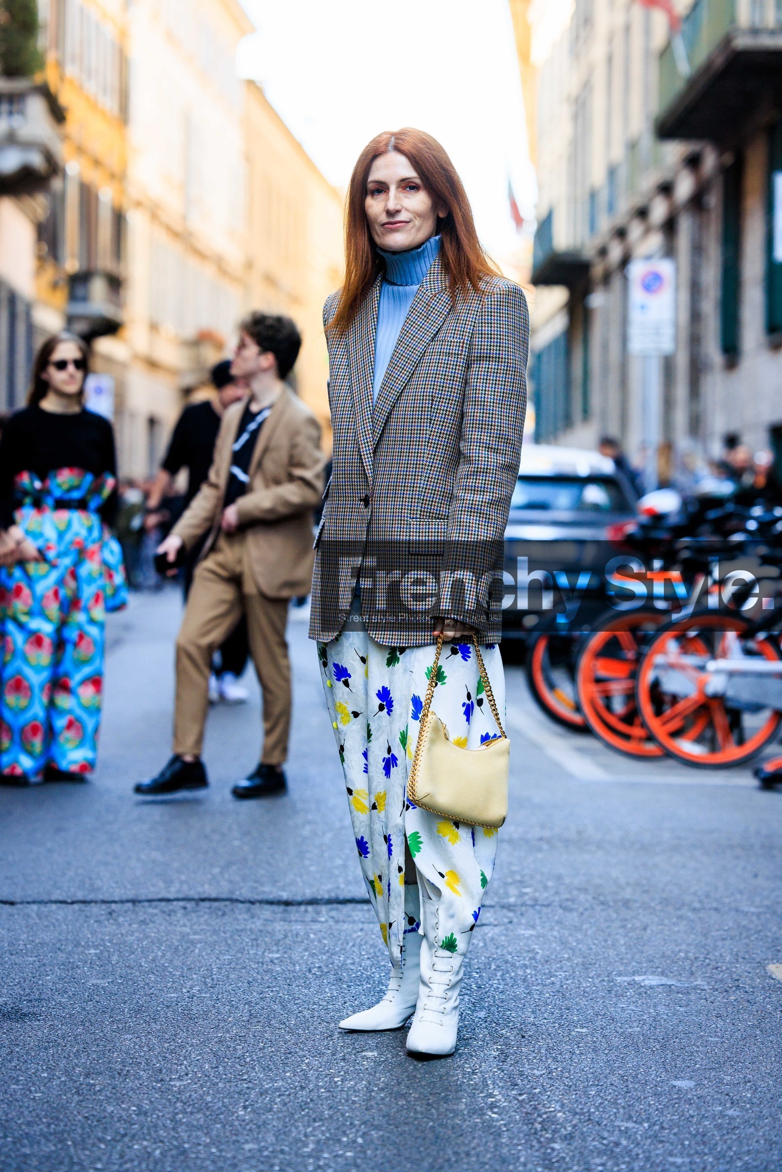 plaid blazer, white boots, classic blazer, pastel yellow handbag, chained bag, flowered skirt, white skirt, printed skirt, blue top, knit top, fashion week, frenchystyle, FW, jonathan paciullo, street style, vertical, full length