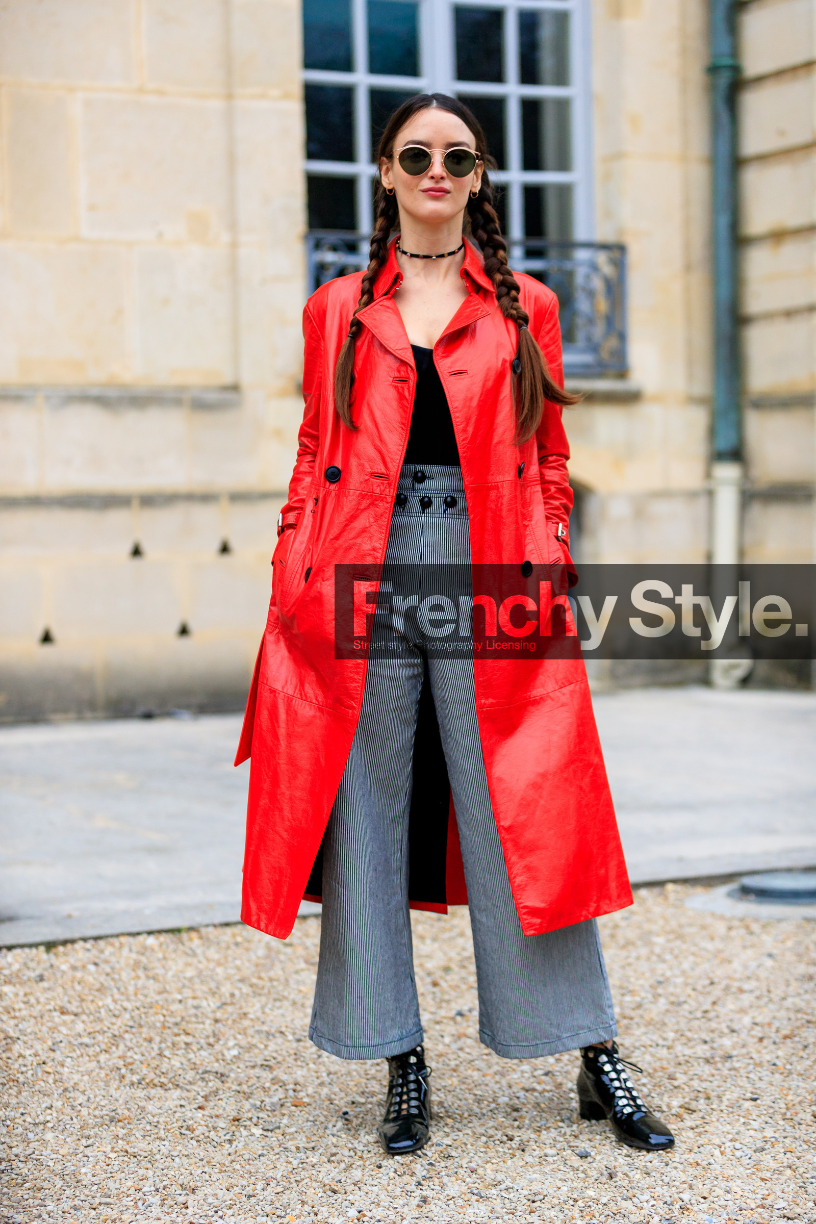 black shoes, black top, braids, choker, graphic pants, leather coat, leather shoes, necklace, printed pants, red coat, striped pants, sunglasses, trousers, street style, jonathan paciullo, FW, frenchystyle, fashion week, PFW, PARIS, AUTUMN WINTER 2018-2019, FALL WINTER 2018-2019, FW 18-19, vertical, full length