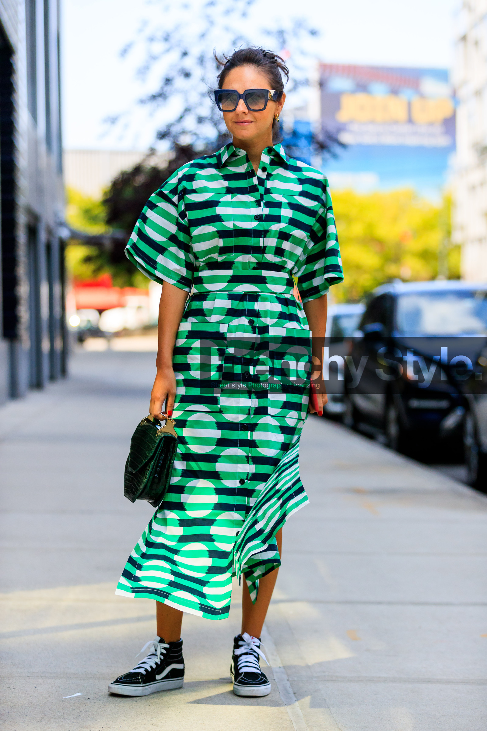 black sneakers, fashion week, frenchystyle, full length, FW, graphic dress, green bag, green dress, jonathan paciullo, leather bag, m2malletier, NEW YORK, NYFW, printed dress, SPRING SUMMER 2018, SS 18, street style, striped dress, stripes, sunglasses, vans, vertical