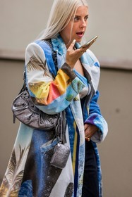 Jaime-Maree Shipton, colorful, coat, handbag, balenciaga, le cagole bag, silver, fashion week, frenchystyle, FW, jonathan paciullo, street style, SPRING SUMMER 2022, SS 22, LFW, LONDON, vertical, atmosphere details, detail