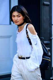 atmosphere details, black bag, black belt, choker, detail, fashion week, frenchystyle, FW, jonathan paciullo, leather backpack, leather bag, leather belt, model, necklace, NEW YORK, NYFW, rina fukushi, SPRING SUMMER 2018, SS 18, street style, vertical, white pants, white top
