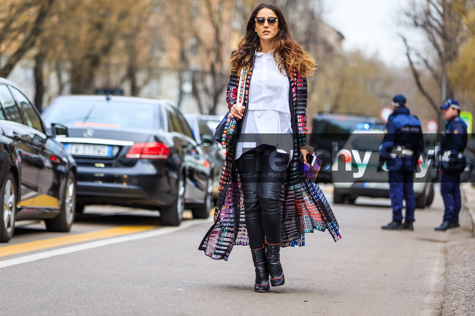atmosphere details, AUTUMN WINTER 2016-2017, AW 16-17, black bag, black boots, black coat, black pants, embroidered bag, FALL WINTER 2016-2017, fashion week, fendi, frenchystyle, full length, FW, FW 16-17, geometric, graphic coat, high heels, horizontal, jonathan paciullo, leather bag, leather boots, leather pants, LFW, LONDON, MENSWEAR, multicolor bag, printed coat, street style, striped coat, stripes, sunglasses, tamara kalinic, trousers, white shirt