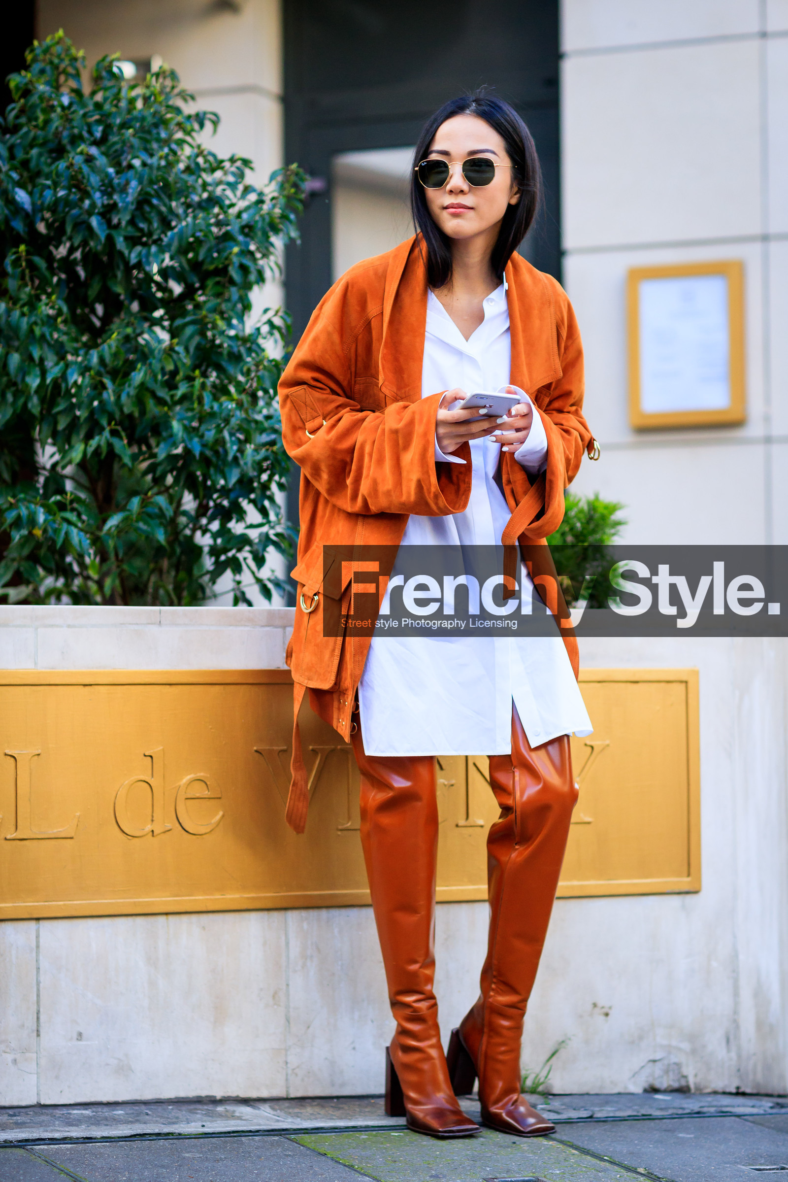 AUTUMN WINTER 2017-2018, AW 17-18, FALL WINTER 2017-2018, fashion week, frenchystyle, full length, FW, FW 17-18, high boots, high heels, jonathan paciullo, leather shoes, orange jacket, orange shoes, PARIS, PFW, street style, suede jacket, sunglasses, vertical, white shirt, yoyo cao