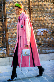 black shoes, chloé, graphic jacket, headband, high heels, leather bag, leather coat, leather shoes, pink coat, prada, printed jacket, white bag, PARIS, PFW, street style, jonathan paciullo, FW, frenchystyle, fashion week, AUTUMN WINTER 2019-2020, AW 19-20, FALL WINTER 2019-2020, FW 19-20, vertical, full length