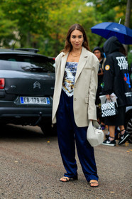 white jacket, oversize jacket, white leather bag, wandler bag, hand bag, dior scarf, printed scarf, white scarf, silk scarf, multi necklace, golden necklace, black pants, oversize pants, letters necklace, fashion week, frenchystyle, FW, jonathan paciullo, street style, SPRING SUMMER 2020, SS 20, PFW, PARIS, vertical, full length