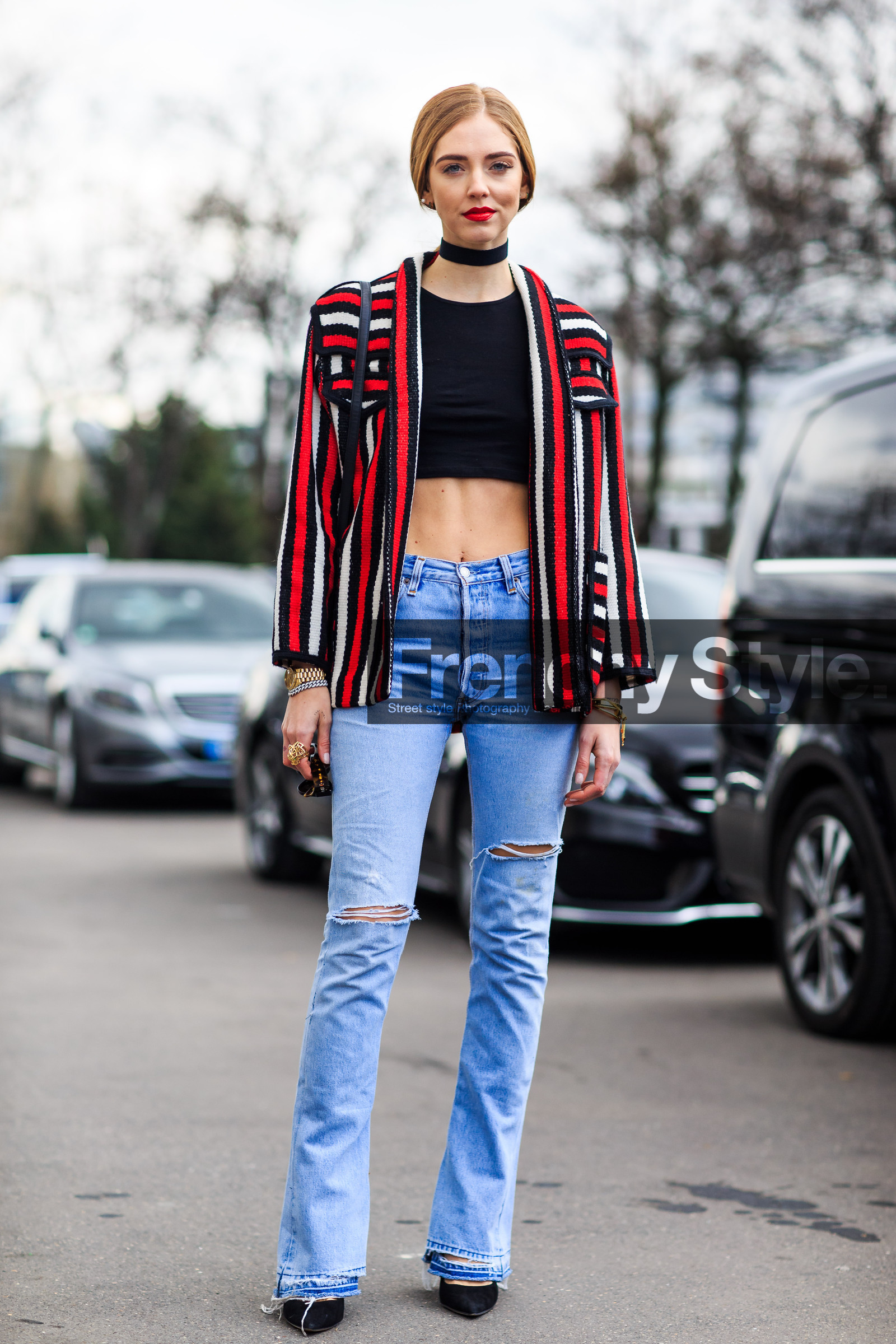 AUTUMN WINTER 2016-2017, AW 16-17, black shoes, black top, blazer, blue denim, chiara ferragni, choker, crop top, denim pants, FALL WINTER 2016-2017, fashion week, frenchystyle, full length, FW, FW 16-17, graphic jacket, high heels, jeans, jonathan paciullo, necklace, PARIS, PFW, red jacket, ripped pants, street style, striped jacket, trousers, vertical
