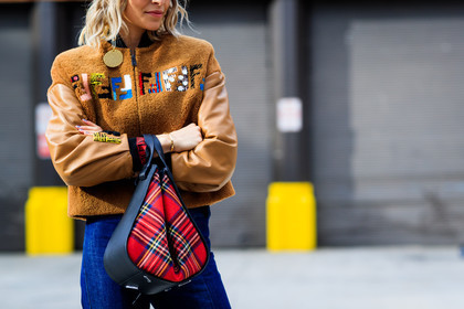 atmosphere details, blue denim, brown cap, brown jacket, caro daur, checked bag, corduroy, denim pants, detail, earrings, fashion week, fendi, frenchystyle, FW, graphic bag, high waist, horizontal, jeans, jonathan paciullo, leather bag, leather jacket, NEW YORK, NYFW, plaid, printed bag, red bag, shearling, SPRING SUMMER 2018, SS 18, street style, tartan, trousers