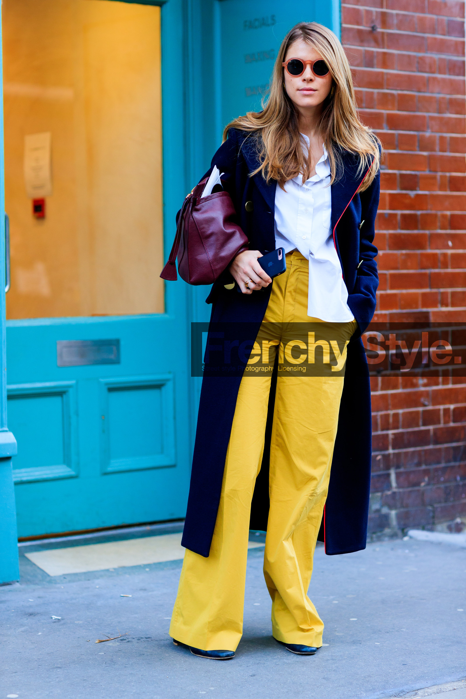 AUTUMN WINTER 2017-2018, AW 17-18, bordeaux, burgundy, FALL WINTER 2017-2018, fashion week, frenchystyle, full length, FW, FW 17-18, jonathan paciullo, leather bag, LFW, LONDON, monica ainley, navy coat, red bag, street style, sunglasses, trousers, tucked in, vertical, white shirt, yellow pants