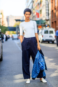 blue denim, blue pants, bomber jacket, denim jacket, fashion week, frenchystyle, full length, FW, graphic pants, gucci, jonathan paciullo, leather shoes, loafers, model, NEW YORK, NYFW, printed pants, SPRING SUMMER 2018, SS 18, street style, striped pants, trousers, vertical, white shoes, white top