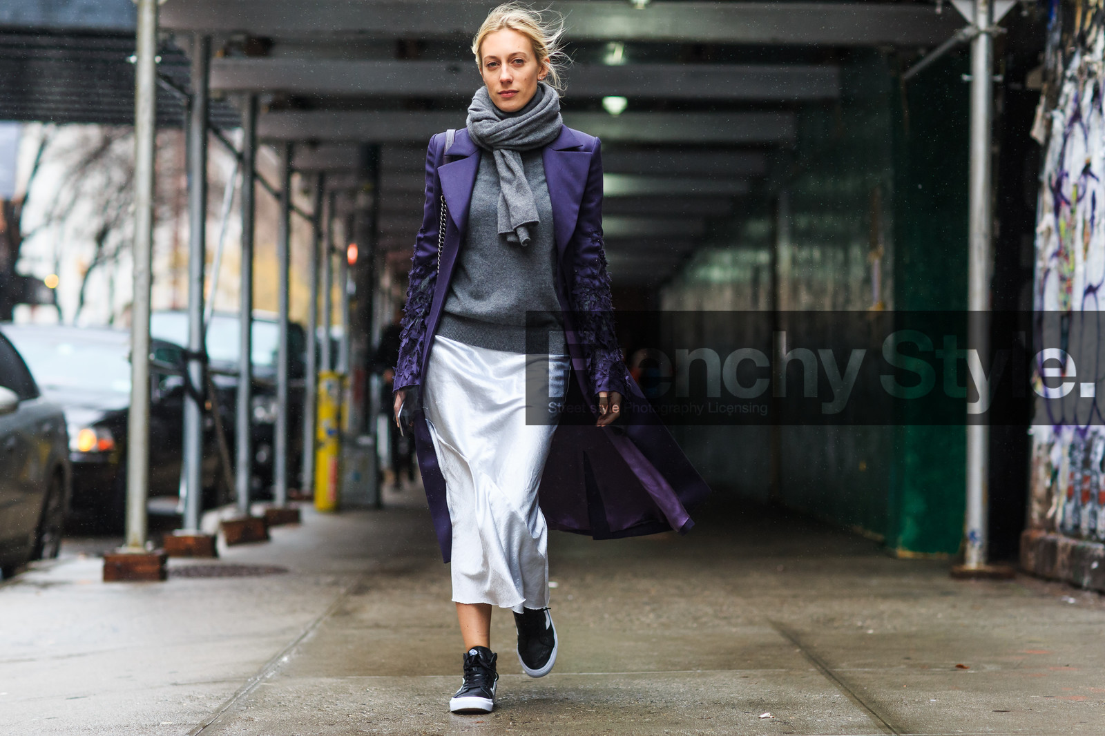 atmosphere details, AUTUMN WINTER 2016-2017, AW 16-17, black sneakers, embroidered coat, fashion week, frenchystyle, full length, FW, FW 16-17, grey scarf, grey sweater, horizontal, jonathan paciullo, long skirt, metallic skirt, NEW YORK, NYFW, oversize, purple coat, shiny skirt, silver skirt, street style, vans, woman