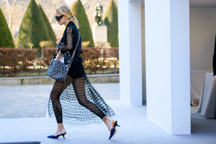 black and white bag, black and white shoes, black dress, black jacket, black shoes, black top, christian dior, fishnet, graphic bag, graphic dress, high heels, leather bag, leather shoes, leonie hanne, printed bag, printed dress, saddle bag, see through, sleeveless, sunglasses, tights, PARIS, PFW, street style, jonathan paciullo, FW, frenchystyle, fashion week, AUTUMN WINTER 2019-2020, AW 19-20, FALL WINTER 2019-2020, FW 19-20, horizontal, atmosphere details, full length