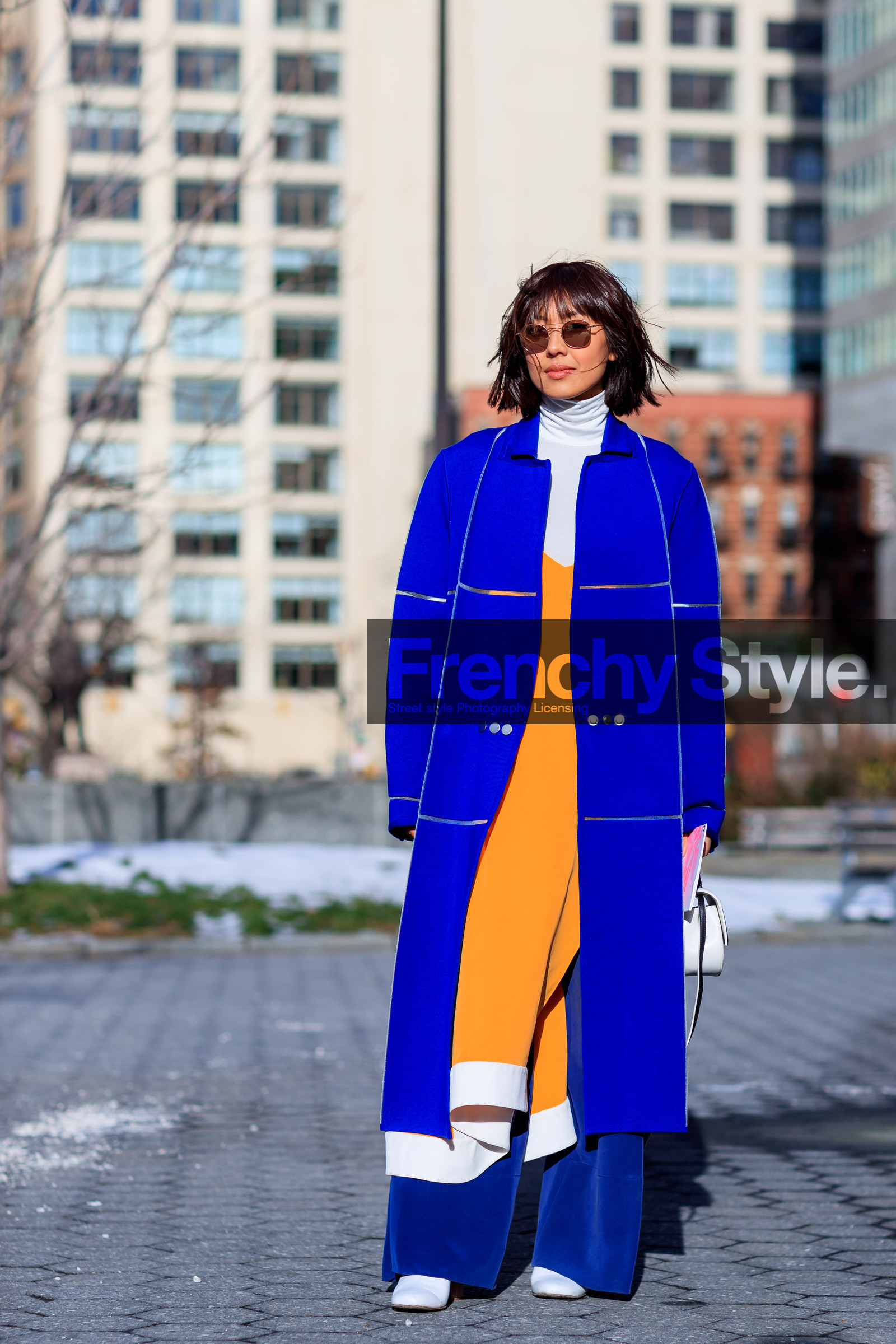 AUTUMN WINTER 2017-2018, AW 17-18, blue coat, blue pants, FALL WINTER 2017-2018, fashion week, frenchystyle, full length, FW, FW 17-18, jonathan paciullo, leather bag, leather boots, liz yu, NEW YORK, NYFW, street style, sunglasses, trousers, vertical, white bag, white boots, yellow dress