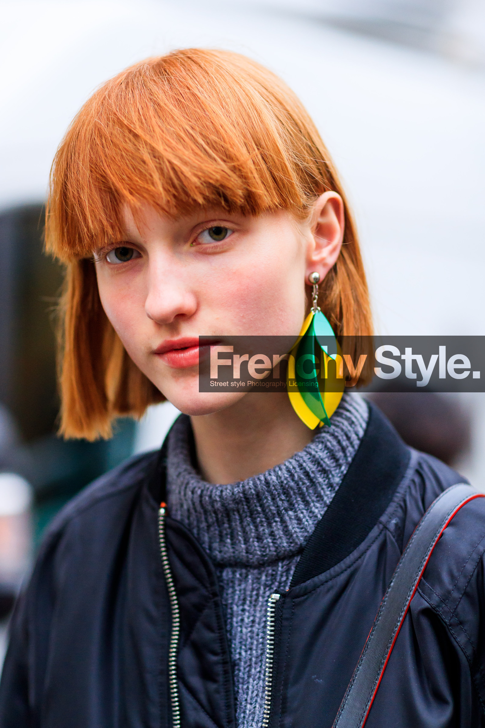 AUTUMN WINTER 2017-2018, AW 17-18, black jacket, bomber jacket, detail, earrings, FALL WINTER 2017-2018, fashion week, frenchystyle, FW, FW 17-18, grey sweater, ina maribo jensen, jonathan paciullo, MFW, MILAN, model, portrait, red hair, street style, vertical