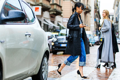 atmosphere details, AUTUMN WINTER 2016-2017, AW 16-17, black coat, black jacket, black shoes, blue denim, camera, denim pants, embroidered coat, FALL WINTER 2016-2017, fashion week, frenchystyle, full length, FW, FW 16-17, grey t shirt, high heels, horizontal, jeans, jonathan paciullo, leather coat, leather jacket, LFW, LONDON, margaret, zhang, MENSWEAR, street style, studs, suede shoes, sunglasses, tied up scarf, trousers