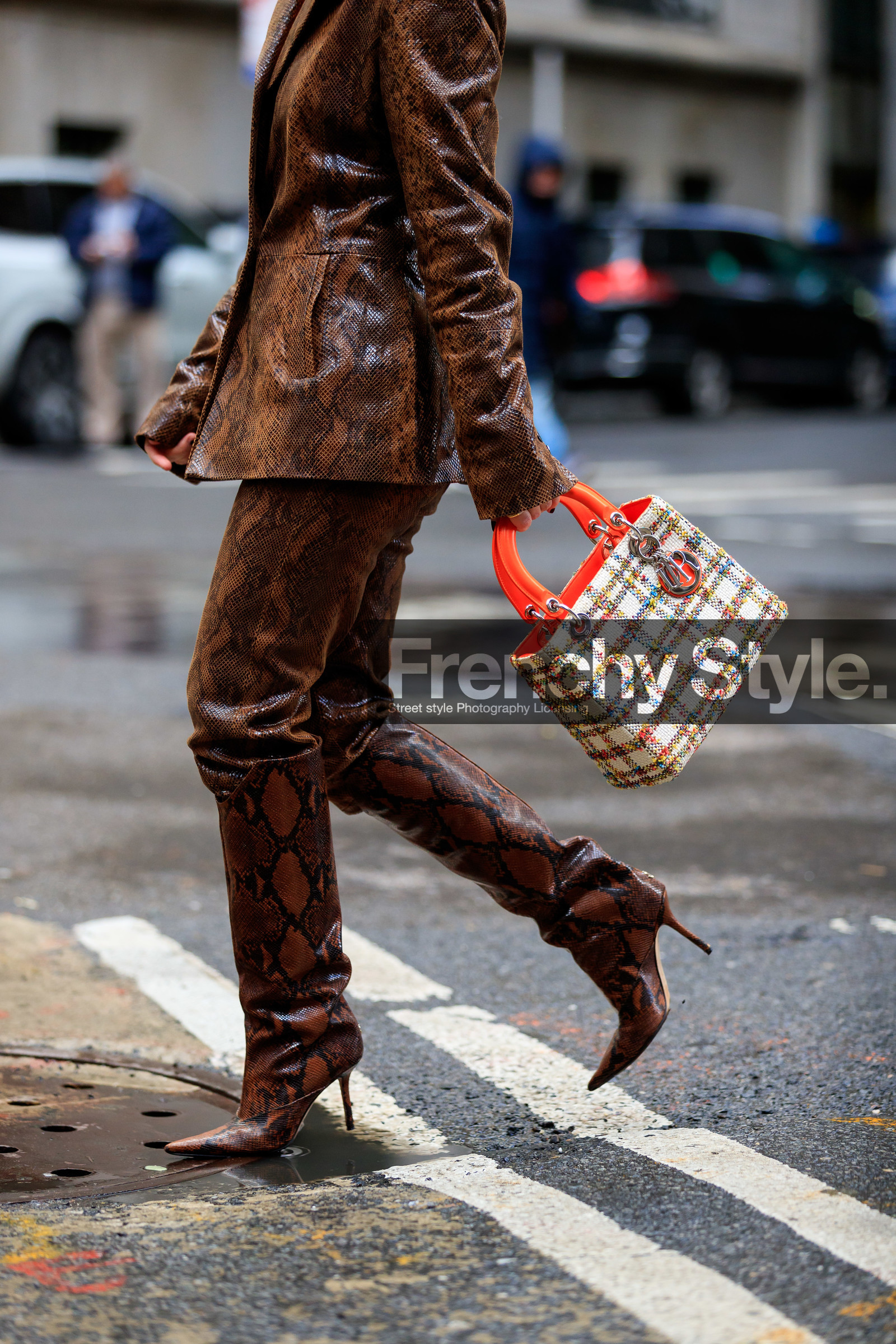 brown leather jacket, brown leather pants, brown leather boots, animal skin boots, animal skin jacket, animal skin pants, high boots, high heels boots, dior bag, lady dior bag, tweed bag, checked bag, orange leather bag, white bag, multicolor bag, fashion week, frenchystyle, FW, jonathan paciullo, street style, AUTUMN WINTER 2020-2021, FALL WINTER 2020-2021, FW 20-21, vertical, atmosphere details, detail, NYFW, NEW YORK