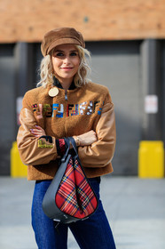 atmosphere details, blue denim, brown cap, brown jacket, caro daur, checked bag, corduroy, denim pants, detail, earrings, fashion week, fendi, frenchystyle, FW, graphic bag, high waist, jeans, jonathan paciullo, leather bag, leather jacket, NEW YORK, NYFW, plaid, printed bag, red bag, shearling, SPRING SUMMER 2018, SS 18, street style, tartan, trousers, vertical