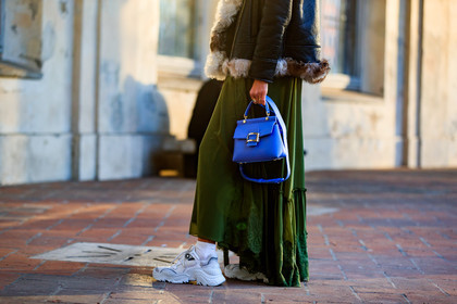 black jacket, blue bag, green dress, leather bag, leather jacket, leather shoes, shearling, white sneakers, fashion week, frenchystyle, FW, jonathan paciullo, street style, MFW, MILAN, AUTUMN WINTER 2018-2019, FALL WINTER 2018-2019, FW 18-19, horizontal, atmosphere details, candela novembre
