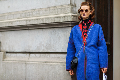 atmosphere details, AUTUMN WINTER 2016-2017, AW 16-17, black bag, black scarf, blue coat, dark lips, detail, FALL WINTER 2016-2017, fashion week, frenchystyle, fun sunglasses, FW, FW 16-17, horizontal, irina kravchenko, jonathan paciullo, leather bag, LFW, LONDON, MENSWEAR, model, printed scarf, red cardigan, red head, red jacket, red knit, red sweater, street style, sunglasses