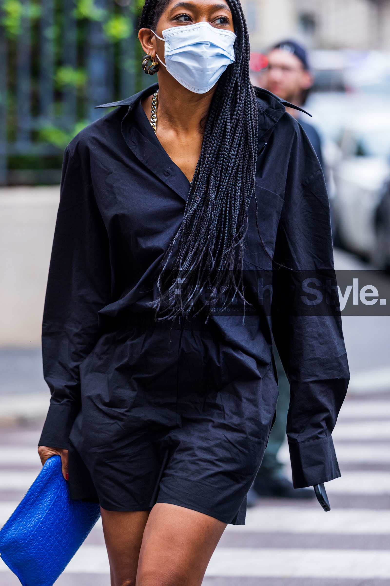 black shirt, blue bag, color, dress shirt, earrings, facial mask, leather bag, loewe bag, pouch, shirt, fashion week, frenchystyle, FW, jonathan paciullo, street style, SPRING SUMMER 2022, SS 22, MFW, MILAN, vertical, atmosphere details
