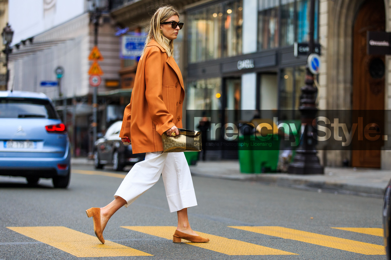 atmosphere details, AUTUMN WINTER 2016-2017, AW 16-17, ballerinas, caban, camille charriere, FALL WINTER 2016-2017, fashion week, frenchystyle, full length, FW, FW 16-17, golden bag, golden jewelry, horizontal, jonathan paciullo, leather clutch, leather jacket, loewe, orange coat, orange jacket, orange shoes, PARIS, PFW, rings, street style, suede shoes, sunglasses, trousers, white pants, wide pants