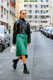 megan adelaide, black vinyl jacket, black polish shoes, black pullover, black socks, flat shoes, big sole shoes, prada shoes, turtleneck pullover, green skirt, mid long skirt, asymmetrical skirt, checked skirt, white leather bag, monogrammed bag, hand bag, courreges bag, courreges jacket, PARIS, PFW, SPRING SUMMER 2020, SS 20, fashion week, frenchystyle, FW, jonathan paciullo, street style, vertical, full length