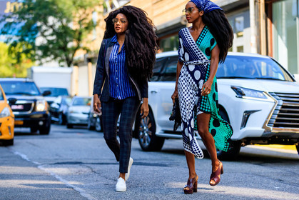 atmosphere details, blazer, blue bandana, blue jacket, blue shirt, brown shoes, checked jacket, checked pants, checked suit, Cipriana And Takenya Quann, fashion week, frenchystyle, full length, FW, geometric, graphic dress, graphic jacket, graphic pants, graphic shirt, high heels, horizontal, jonathan paciullo, leather shoes, NEW YORK, NYFW, plaid, printed dress, printed jacket, printed pants, SPRING SUMMER 2018, SS 18, street style, striped shirt, sunglasses, trousers, white sneakers