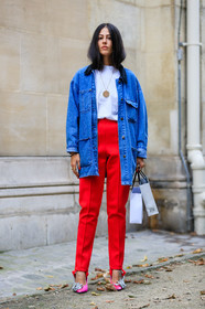 blue denim, denim jacket, fashion week, frenchystyle, full length, FW, gilda ambrosio, high heels, jonathan paciullo, leather shoes, PARIS, PFW, pink shoes, red pants, SPRING SUMMER 2017, SS 17, street style, trousers, vertical, white shirt, white t shirt
