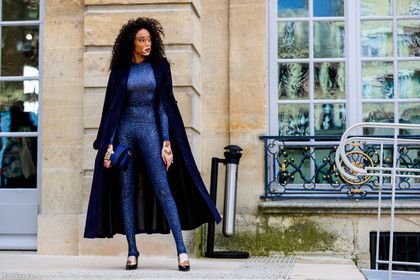 atmosphere details, black bag, black shoes, blue coat, blue jumpsuit, christian dior, embroidered jumpsuit, fashion week, frenchystyle, full length, FW, high heels, horizontal, jonathan paciullo, leather bag, leather shoes, over the shoulder, PARIS, PFW, SPRING SUMMER 2018, SS 18, street style, suede jacket, trousers, model, winnie harlow