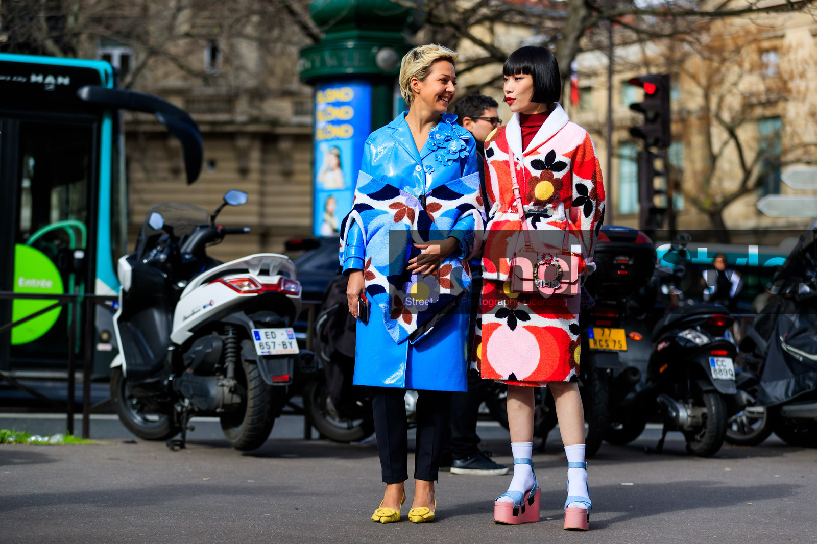 atmosphere details, AUTUMN WINTER 2017-2018, AW 17-18, blue coat, blue scarf, embroidered bag, FALL WINTER 2017-2018, fashion week, floral, flower, frenchystyle, full length, FW, FW 17-18, graphic jacket, high heels, horizontal, jonathan paciullo, leather bag, leather coat, leather shoes, mademoiselle yulia, miu miu, PARIS, PFW, pink bag, printed bag, printed jacket, printed scarf, printed skirt, red jacket, red skirt, street style, trousers, yellow shoes