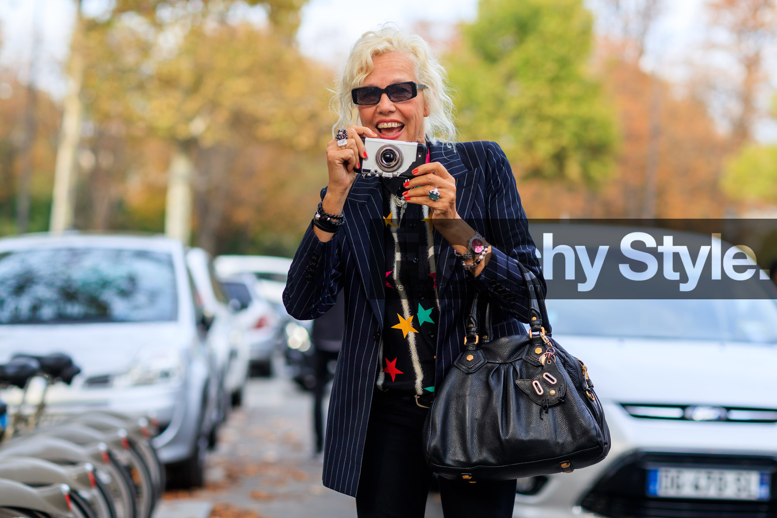 atmosphere details, black bag, black jacket, black shirt, blazer, camera, detail, Ellen von Unwerth, fashion week, frenchystyle, FW, graphic jacket, horizontal, jonathan paciullo, leather bag, PARIS, PFW, printed jacket, printed shirt, rings, SPRING SUMMER 2018, SS 18, stars, street style, striped jacket, sunglasses, trousers